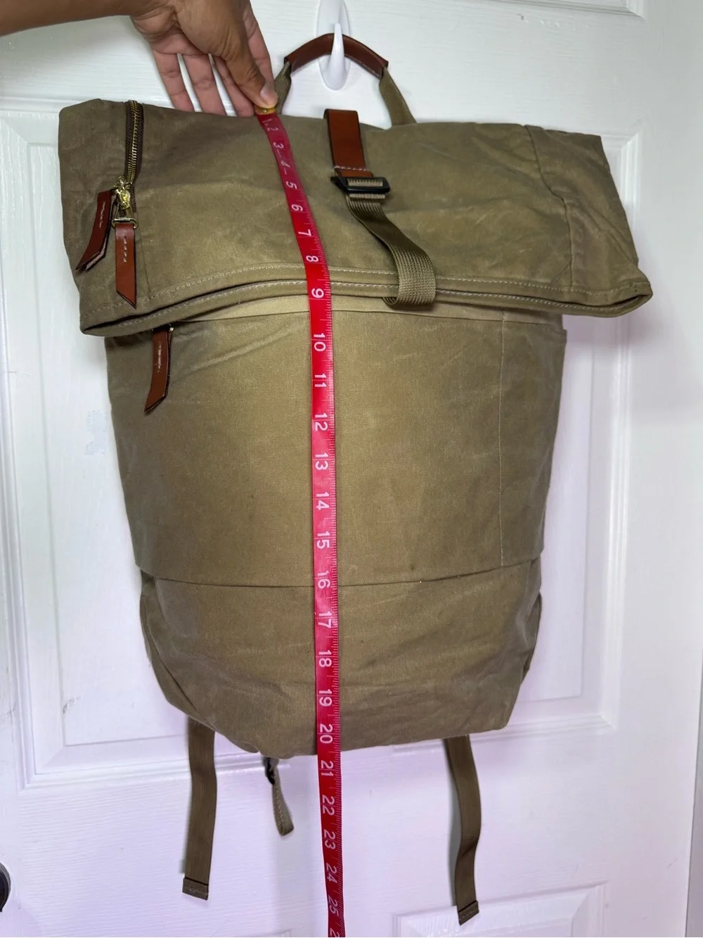 Roll-Top Canvas Backpack for Men — Khaki with Brown Trim